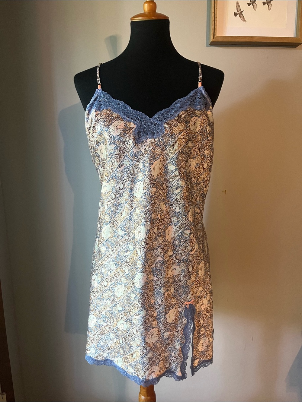 Victoria's Secret Blue Floral Lace-Trim Satin Chemise